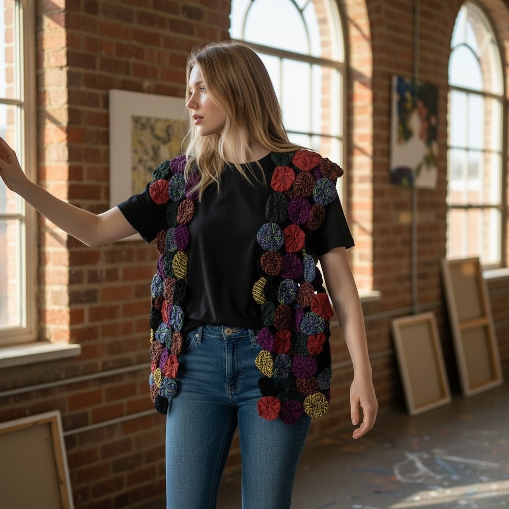 Instyle New York Yo-Yo Quilt Vest Womens OS Multi Color Patchwork Cotton Boho
